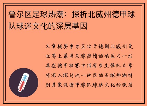 鲁尔区足球热潮：探析北威州德甲球队球迷文化的深层基因